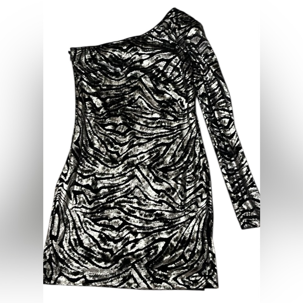 AllSaints Deri Zebra Black and Silver One Shoulder Dress Size 6 New NWT - Picture 2 of 11